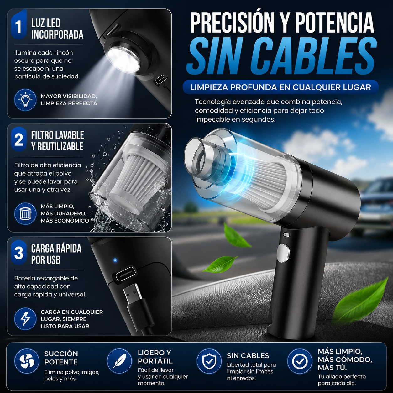 💨Aspirador de Coche Portátil | Elimina Polvo, Migas y Pelos en Segundos🚗¡Envío Gratis 24h!🔥