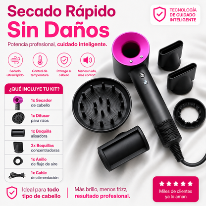 Secador iónico tipo dyson con accesorios