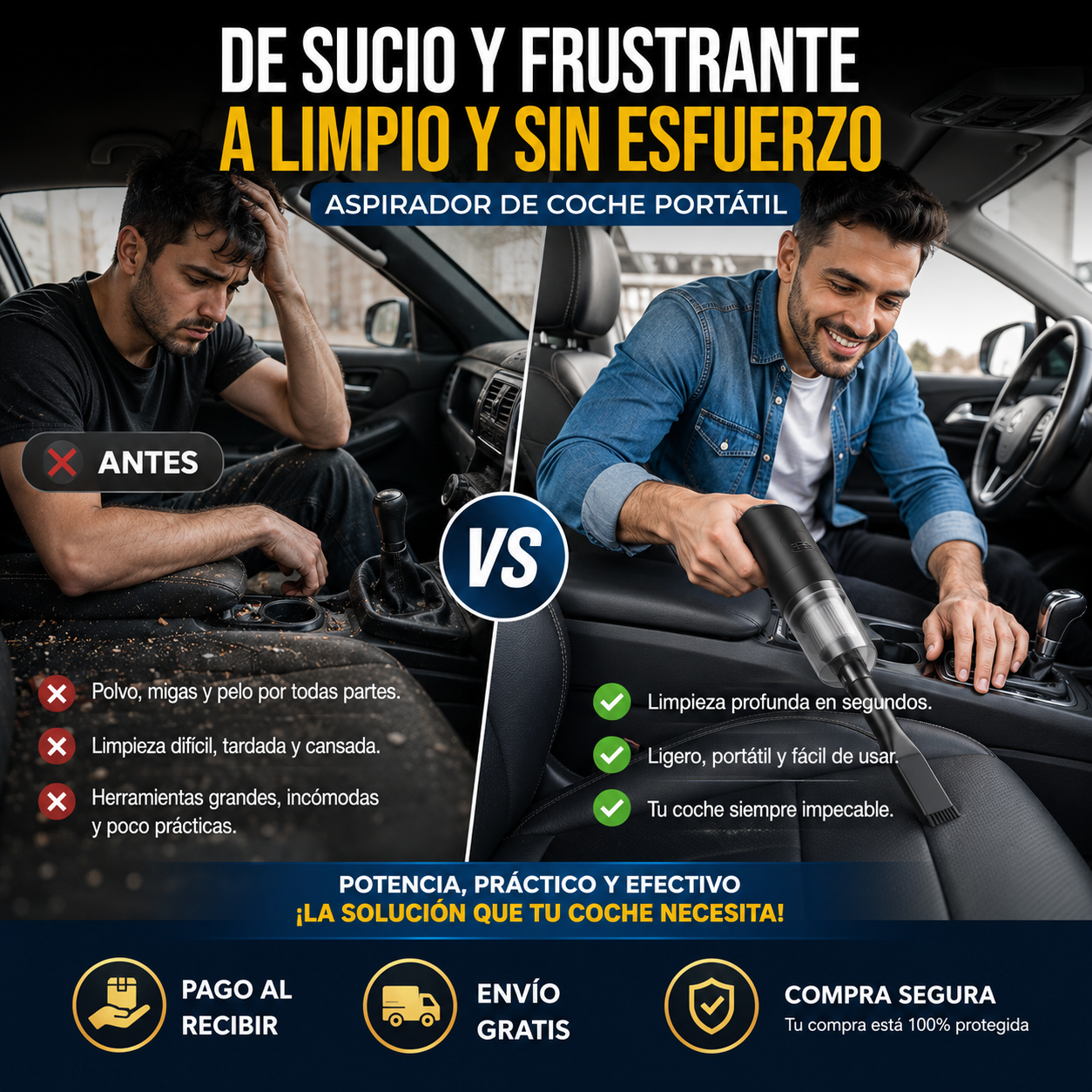 💨Aspirador de Coche Portátil | Elimina Polvo, Migas y Pelos en Segundos🚗¡Envío Gratis 24h!🔥