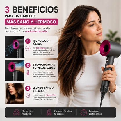 Secador iónico tipo dyson con accesorios