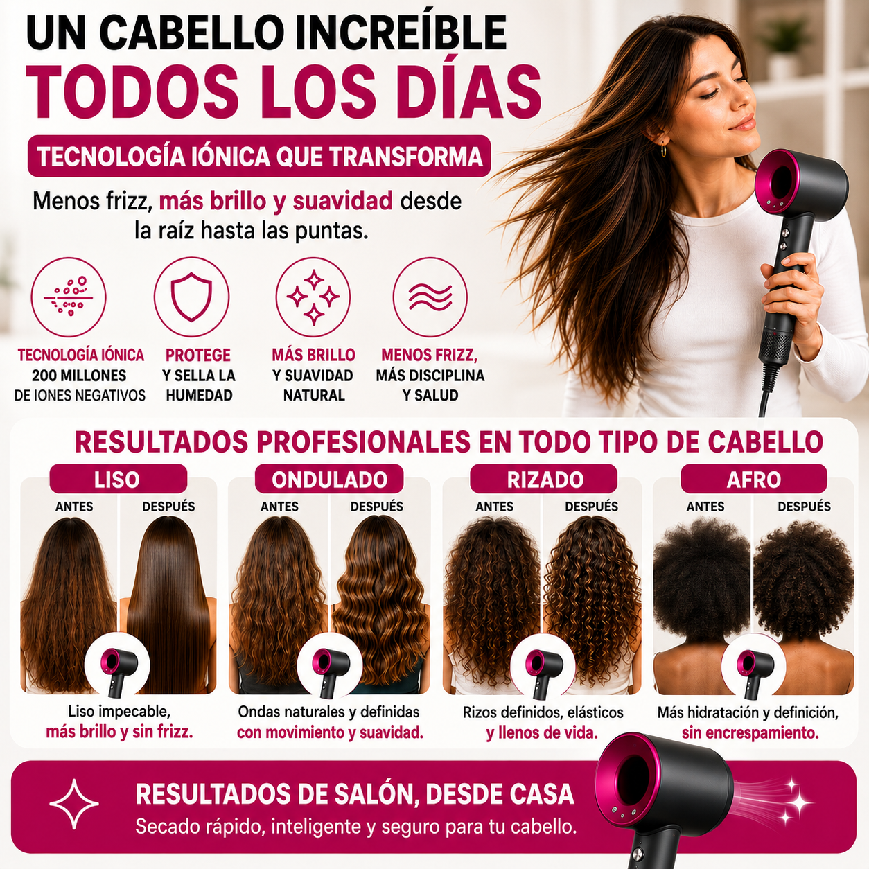 Secador iónico tipo dyson con accesorios