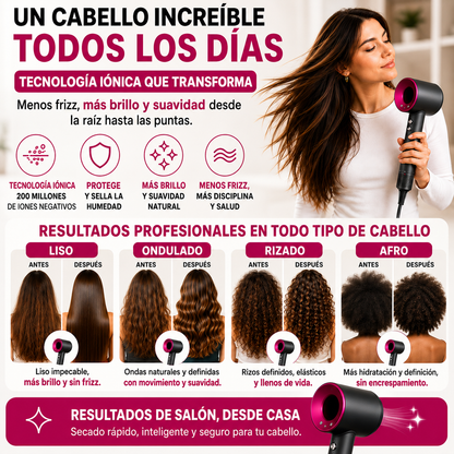 Secador iónico tipo dyson con accesorios